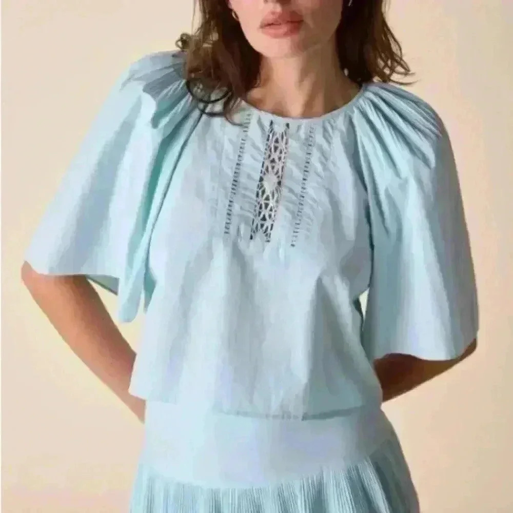 St Roche Astral Top Duck Egg Blue Cropped Lace Crew Neck Keyhole Tie NWT Size 4